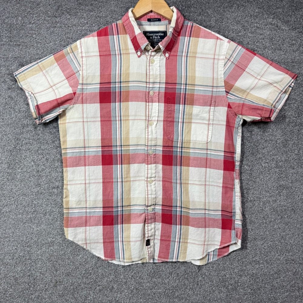 Abercrombie & Fitch Shirt Red Mens M Muscle Fit Plaid Short Sleeve Button Down